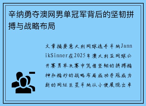 辛纳勇夺澳网男单冠军背后的坚韧拼搏与战略布局